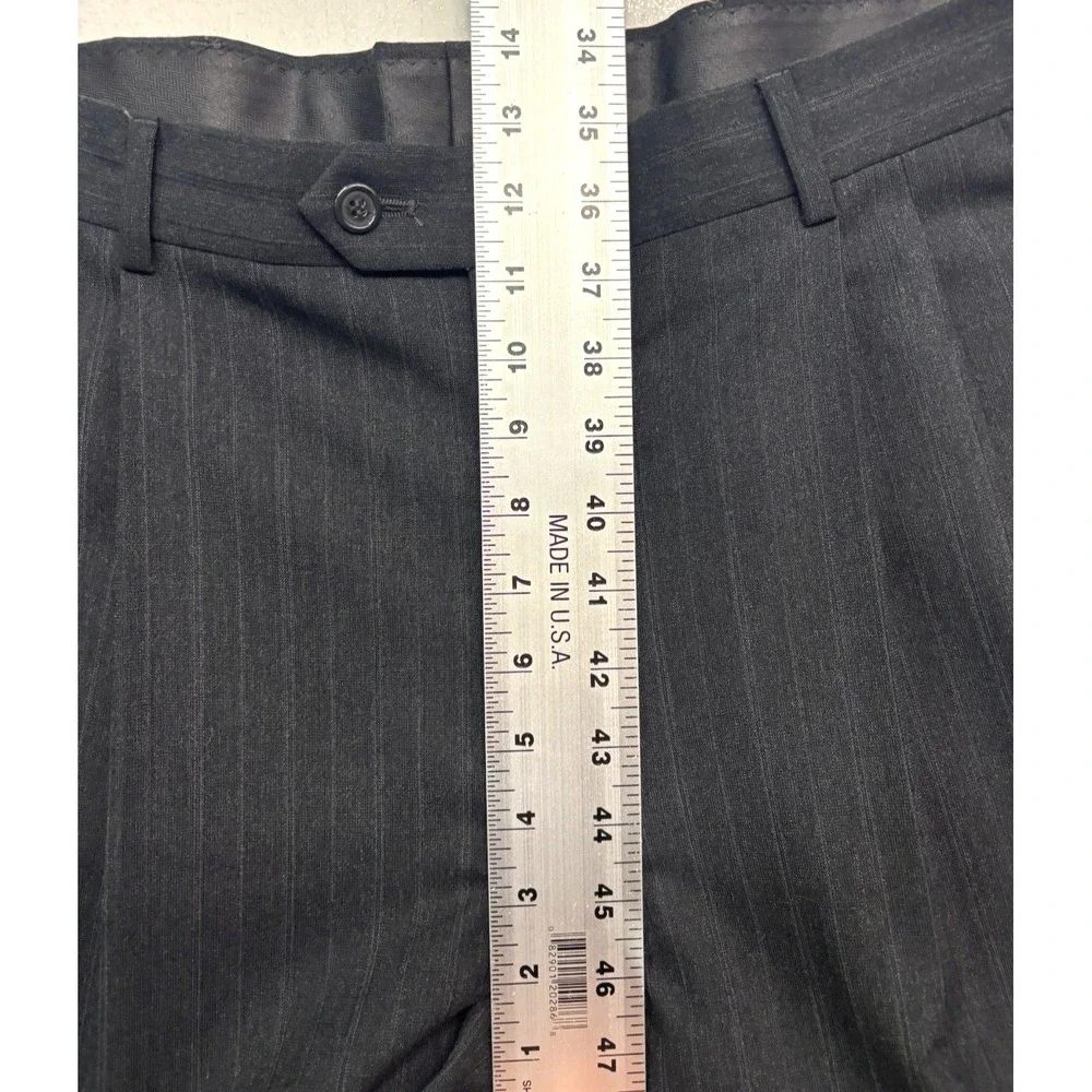 vtg 90s Double Breasted 42L 36x33 Gray Stripe 2pc Pant Suit Wool Profilo Pleated